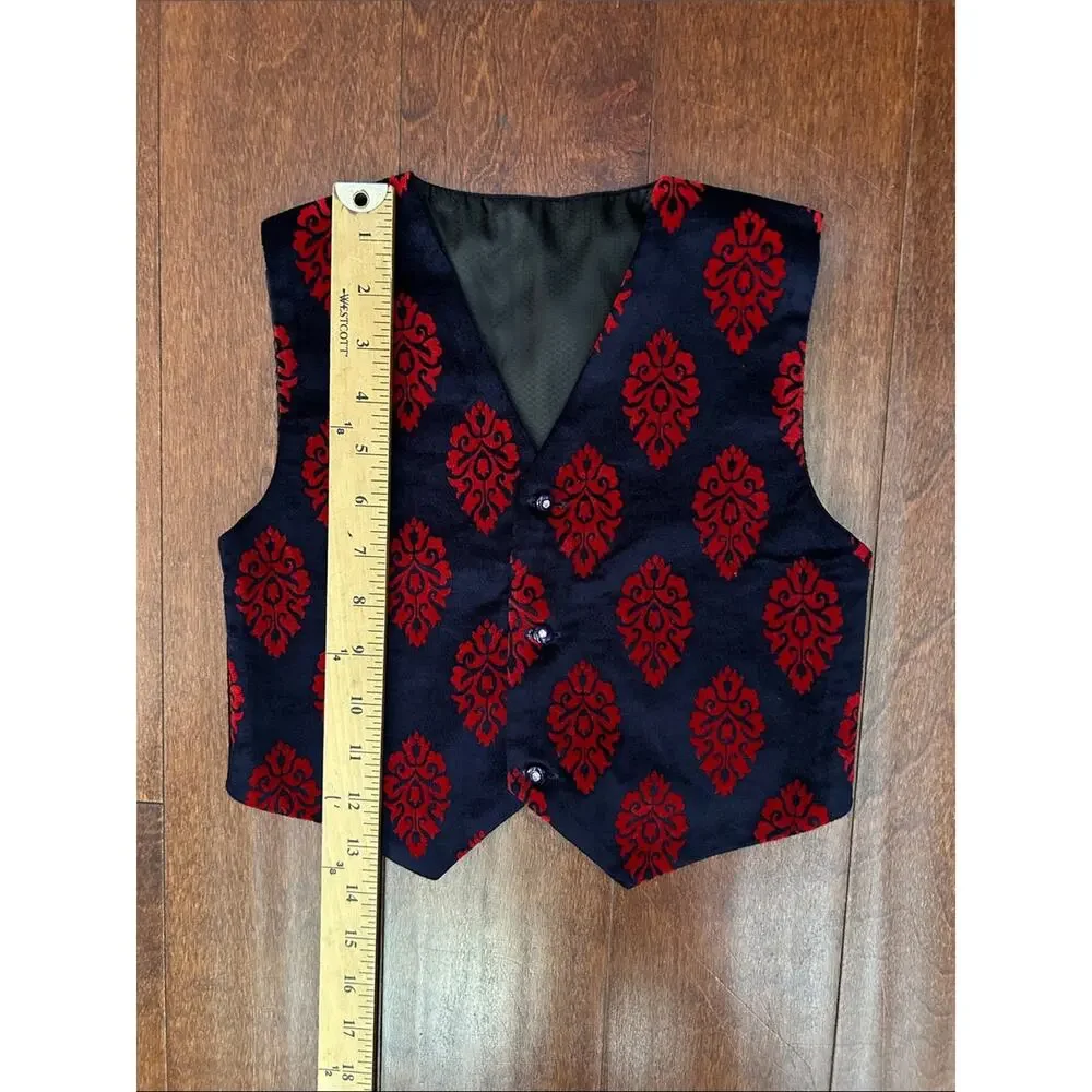 Kid’s Retro Vest with Red Flocked Damask Motif, Size 3
